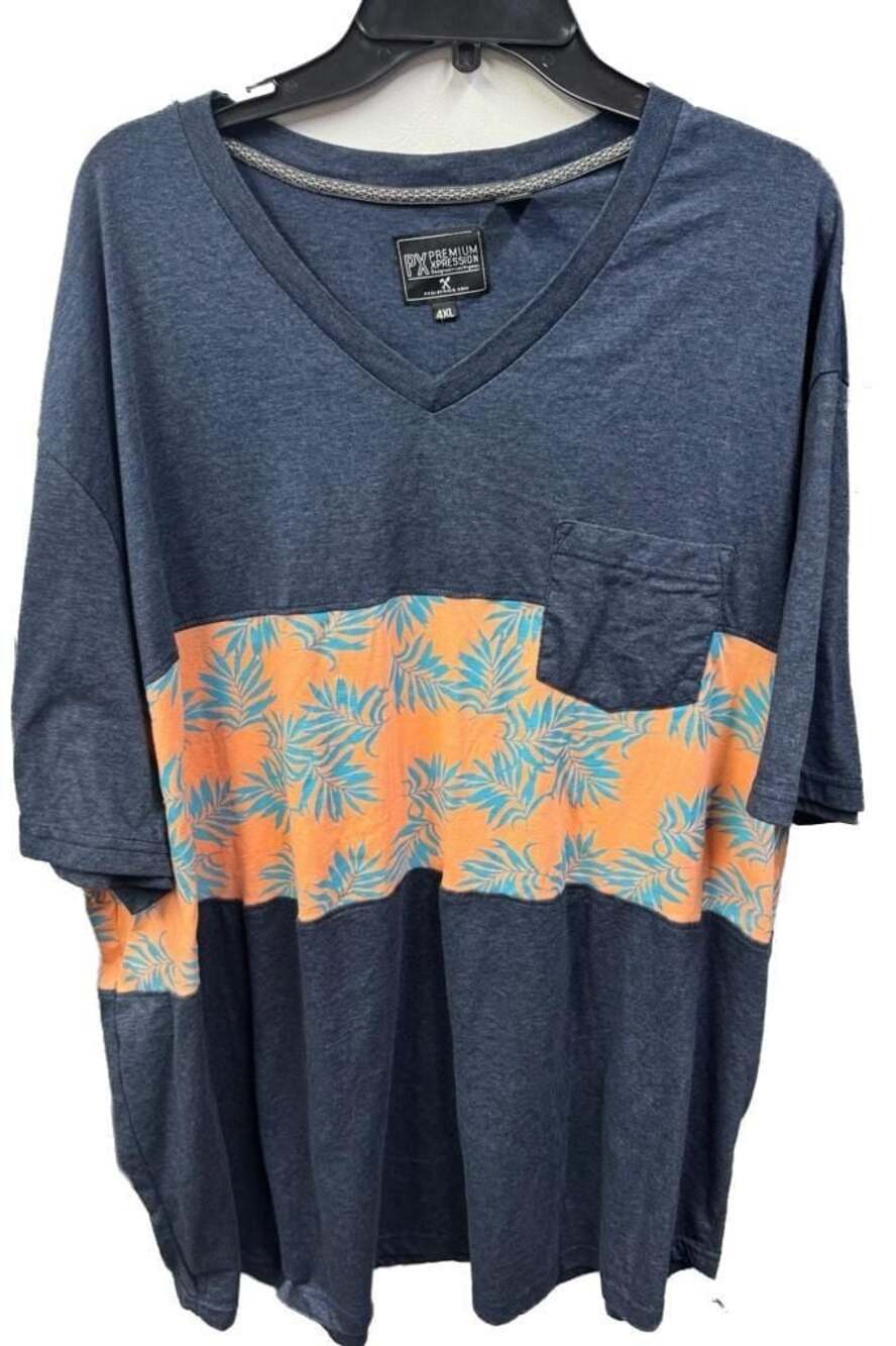 PX Premium Xpression Men's Tropical Leaf Print V-Neck Pocket T-Shirt Blue 4XL